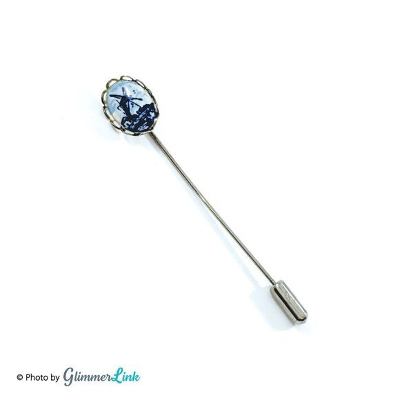 Vintage Delft Windmill Oval Porcelain Silver Tone Stick Pin - Picture 2 of 5